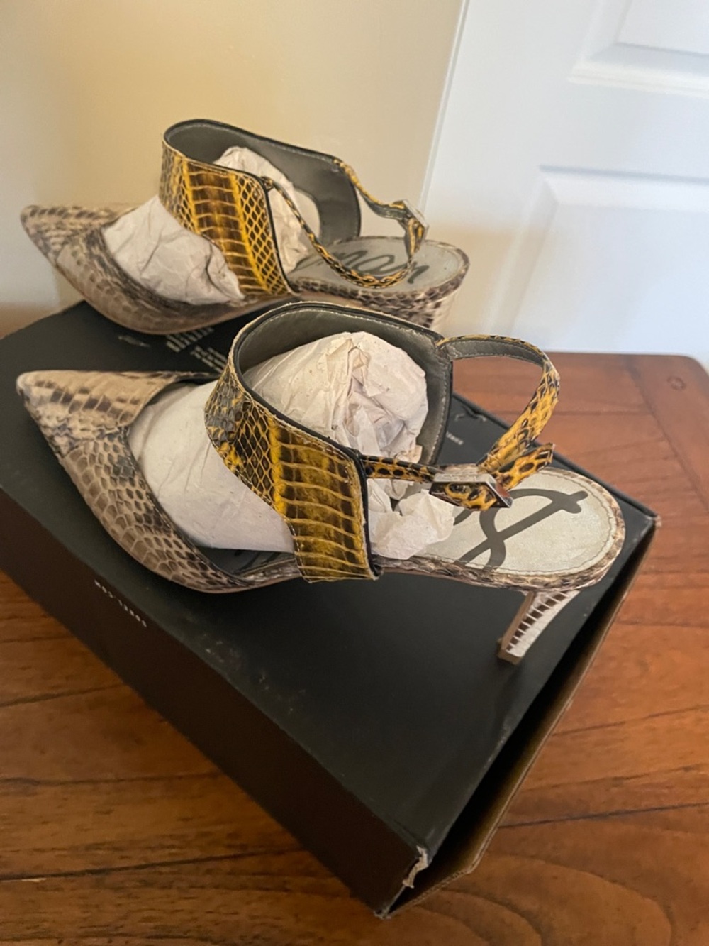 Sam Edelman Pointed Toe Snake-Embossed Slingback Heels in Brown and tan - Picture 4 of 5